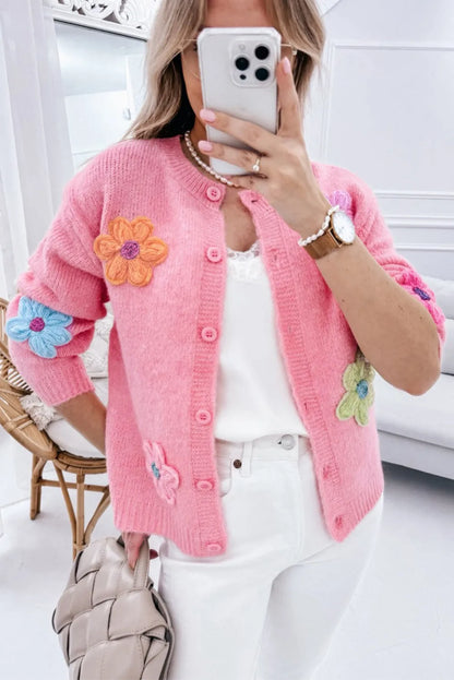 Pink Cute Knitted Floral Pattern Button Up Cardigan - Chic Meadow Boutique 