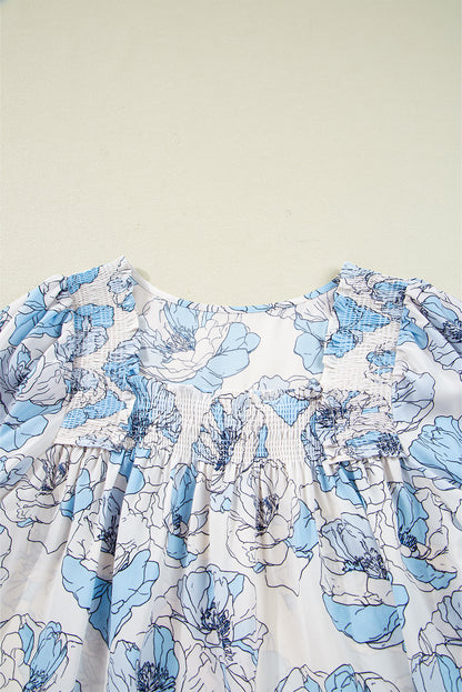 Sky Blue Floral Print Frilly Smocked Square Neck Long Sleeve Blouse