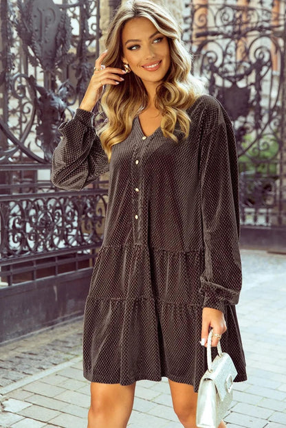 Dresses/Mini Dresses Dark Brown Textured Velvet V Neck Shift Dress