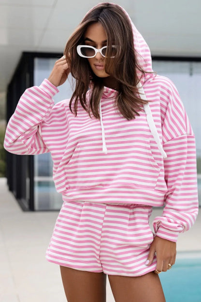 Pink Stripe Kangaroo Pocket Hoodie and Wide Leg Shorts Set - Chic Meadow Boutique 