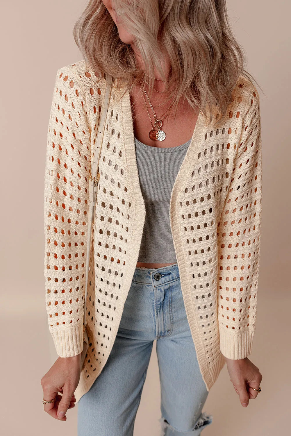 Apricot Solid Color Open Knit Duster Cardigan - Chic Meadow Boutique 