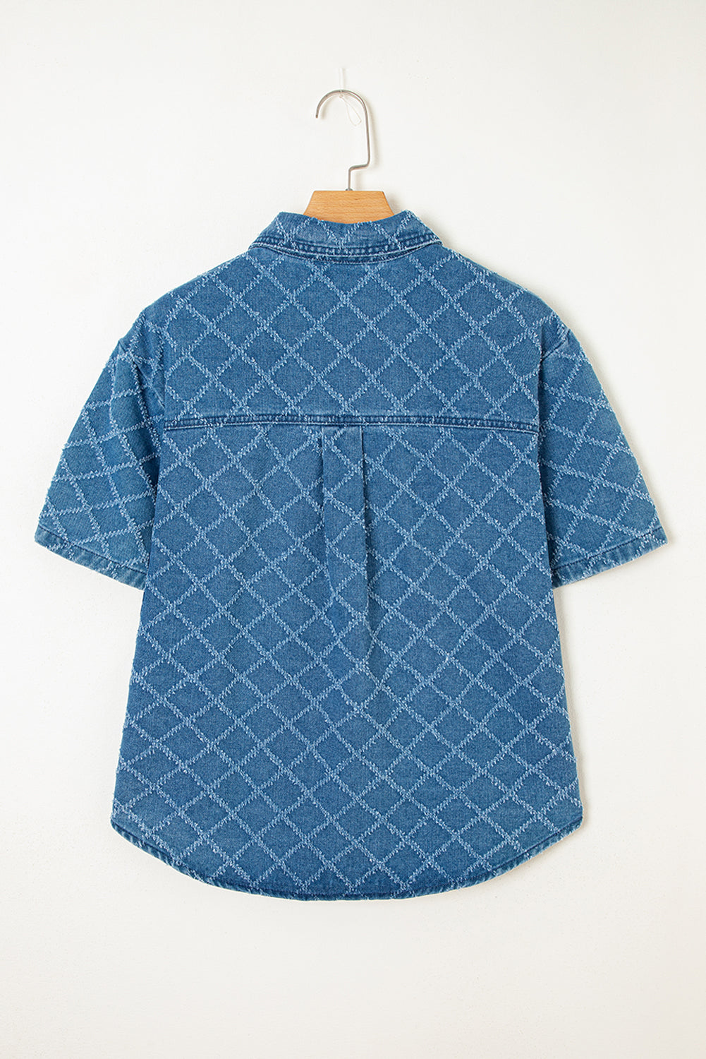 Dusk Blue Checkered Textured Short Sleeve Patched Pocket Denim Shirt