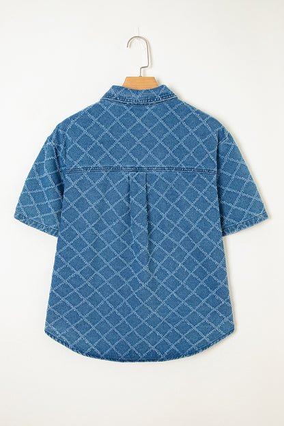 Dusk Blue Checkered Textured Short Sleeve Patched Pocket Denim Shirt