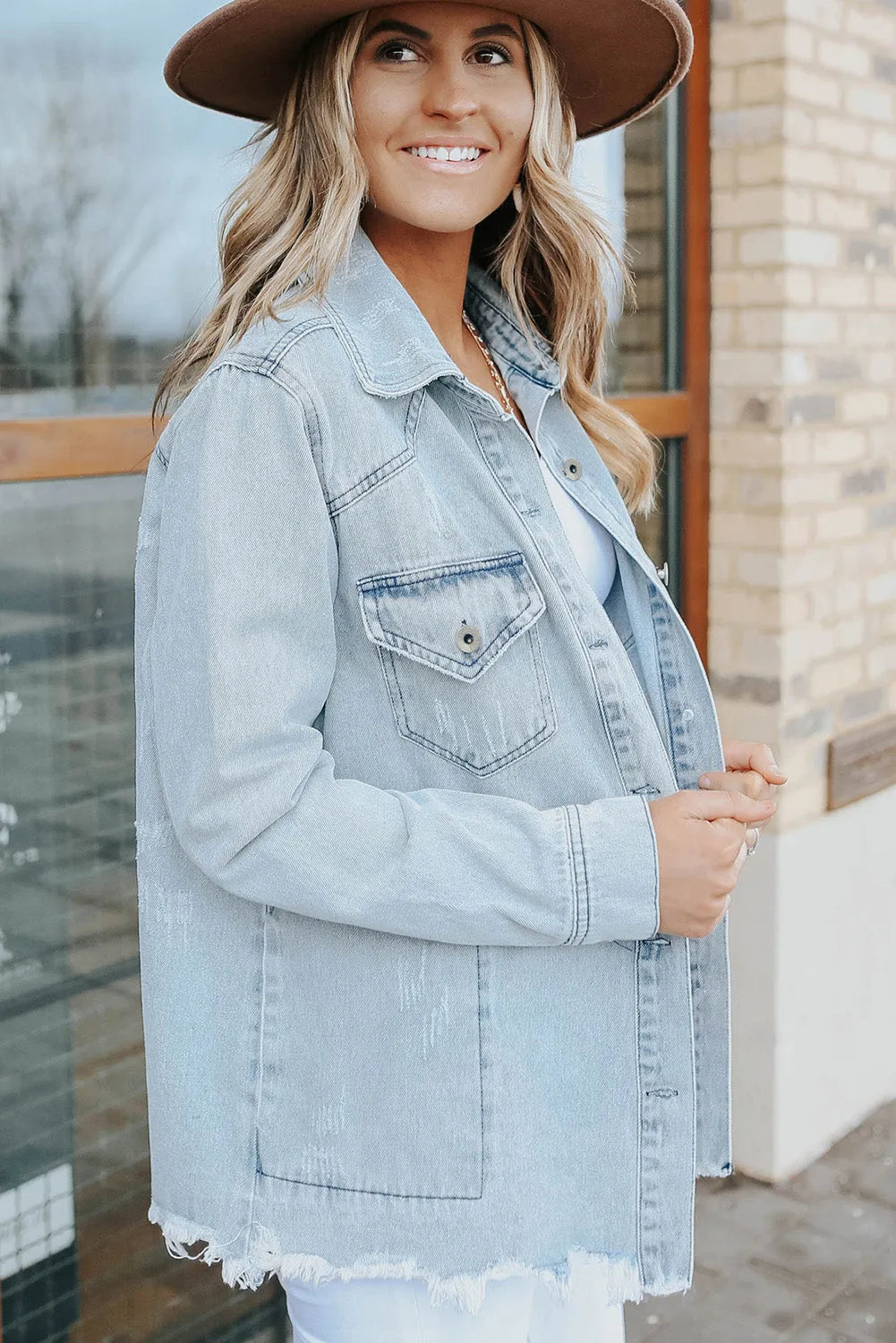 Sky Blue Flap Pocket Buttoned Raw Hem Denim Jacket - Chic Meadow Boutique 