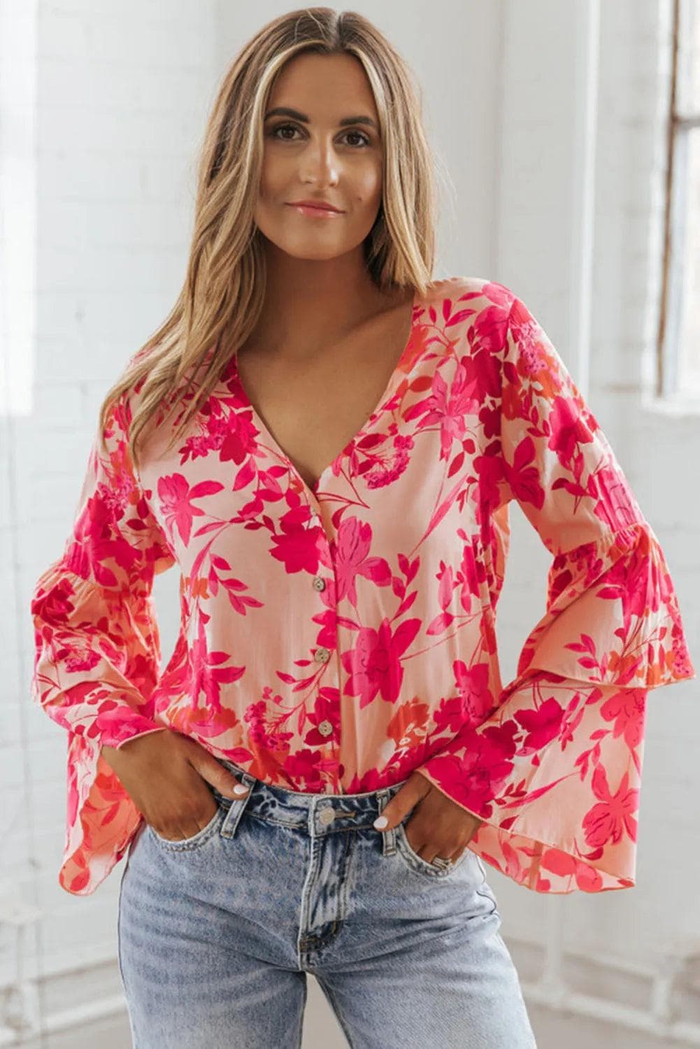 Tops/Bodysuits Pink Floral Print Tiered Bell Long Sleeve Buttoned Bodysuit