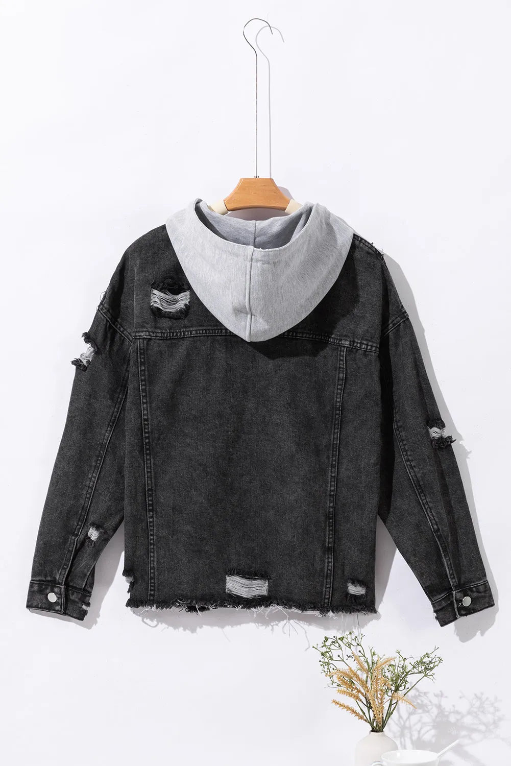 Black Drawstring Hooded Frayed Denim Jacket - Chic Meadow Boutique 