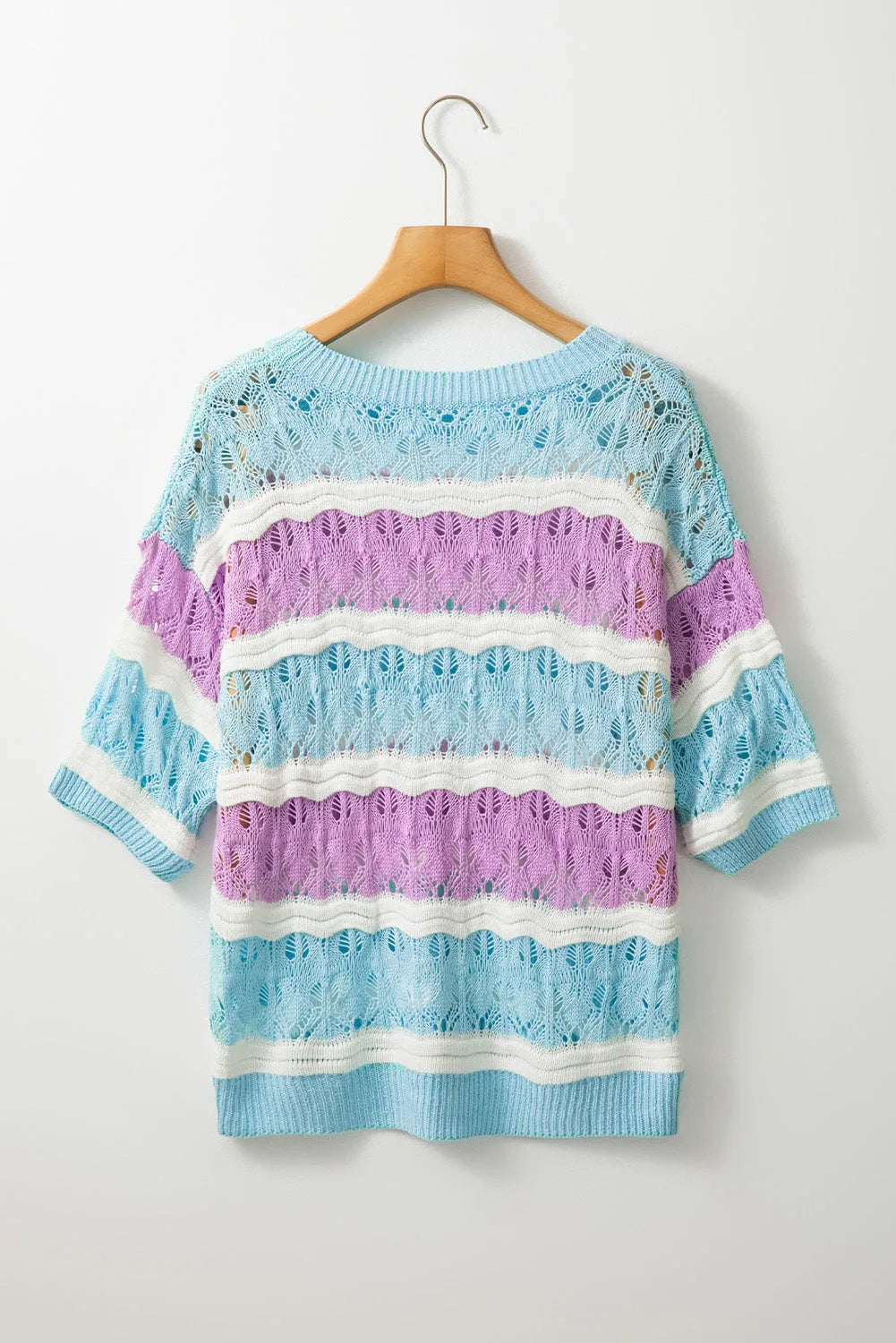 Purple Stripe Color Block Hollow Out Crochet Half Sleeve Sweater - Chic Meadow Boutique 