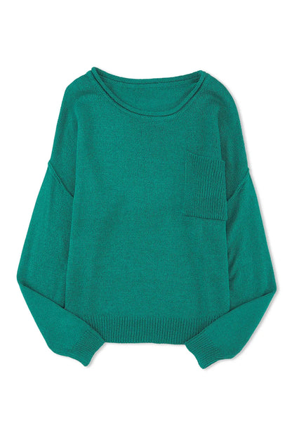 Green Solid Color Off Shoulder Rib Knit Sweater with Pocket - Chic Meadow Boutique 