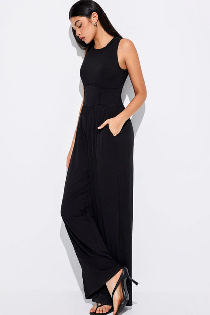 Black Cinched Waist Sleeveless Wide Leg Jumpsuit - Chic Meadow Boutique 