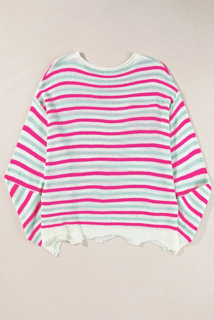 Rose Stripe Oversized Drop Shoulder Sweater with Pocket - Chic Meadow Boutique 