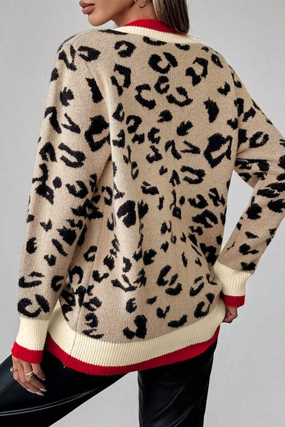 Khaki Leopard Pattern V-Neck Contrast Rib Knitted Sweater