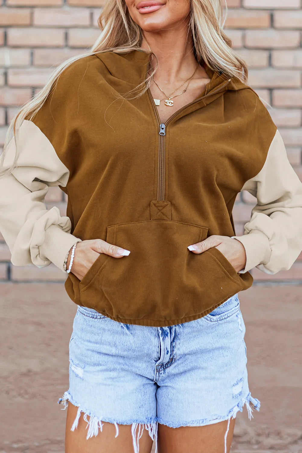 Chestnut Color Block Half Zip Kangaroo Pocketed Hoodie - Chic Meadow Boutique 