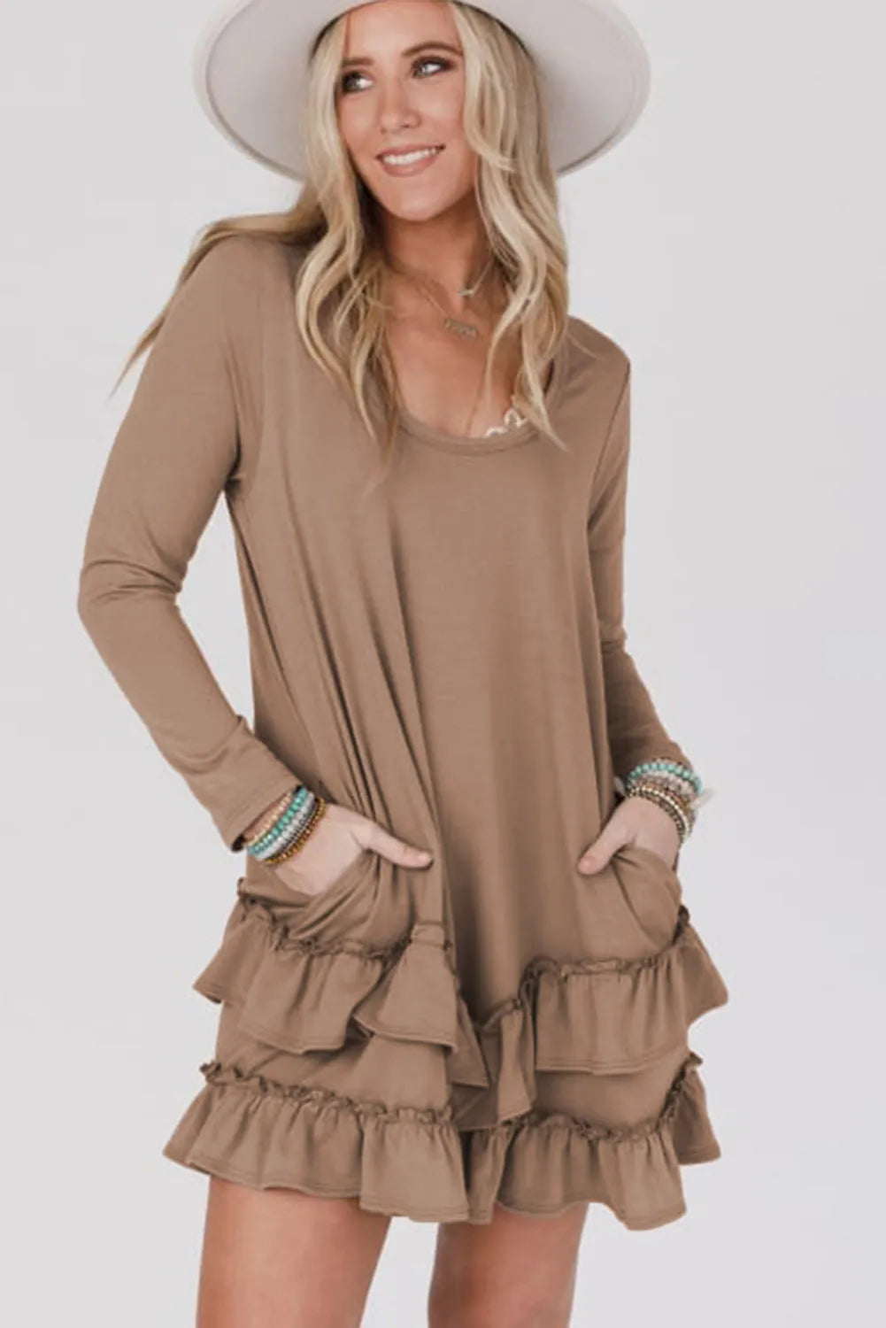 Goat Scoop Neck Tiered Ruffled Hem Long Sleeve Mini Dress - Chic Meadow Boutique 