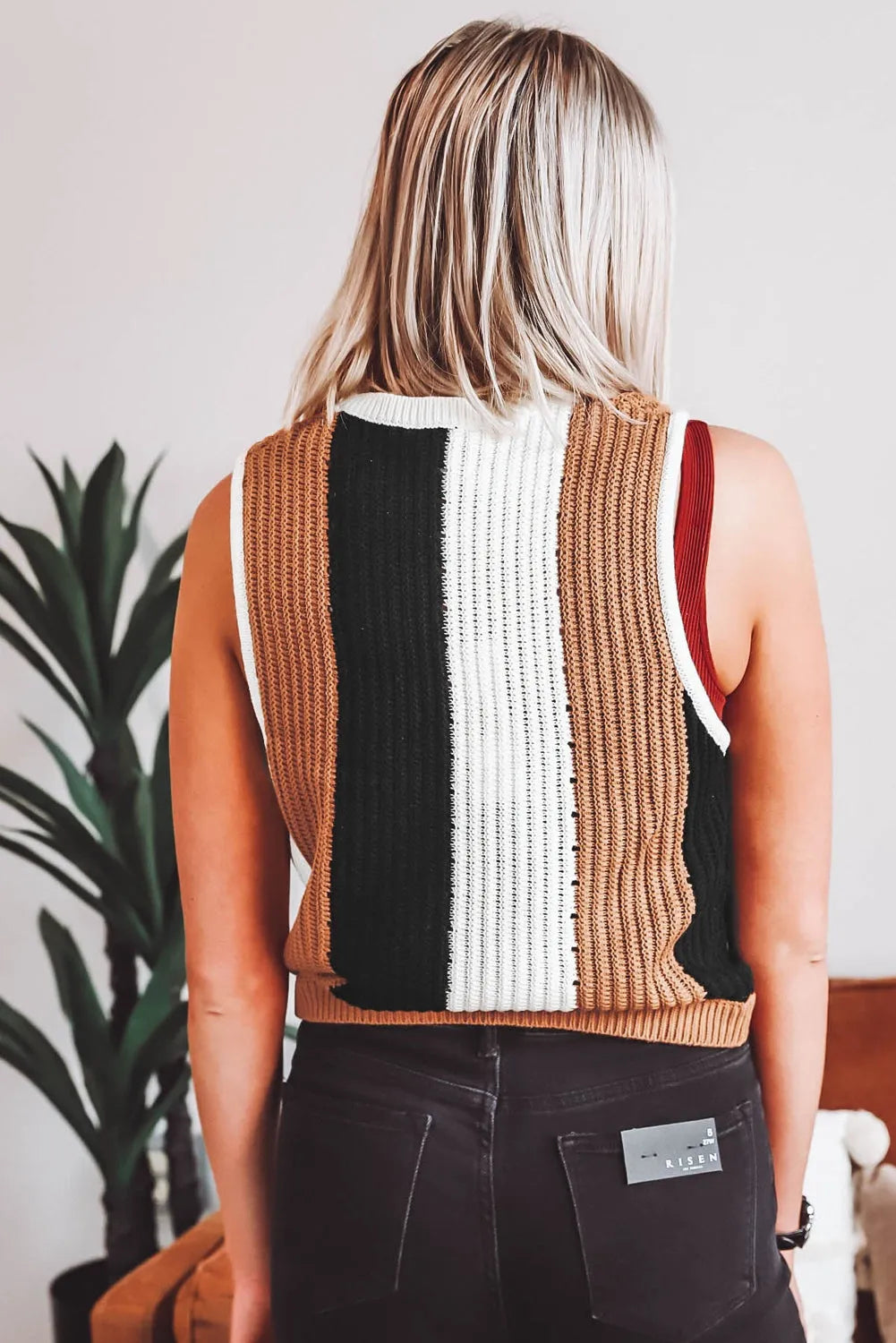 Khaki Stripe Color Block Sleeveless Knitted Sweater Vest - Chic Meadow Boutique 