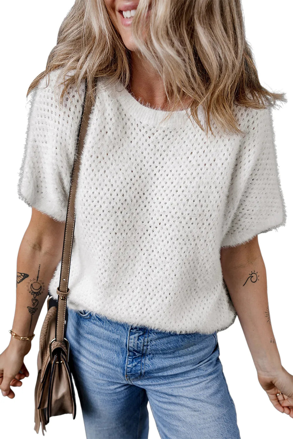 White Fuzzy Eyelet Knitted Sweater T-shirt - Chic Meadow Boutique 