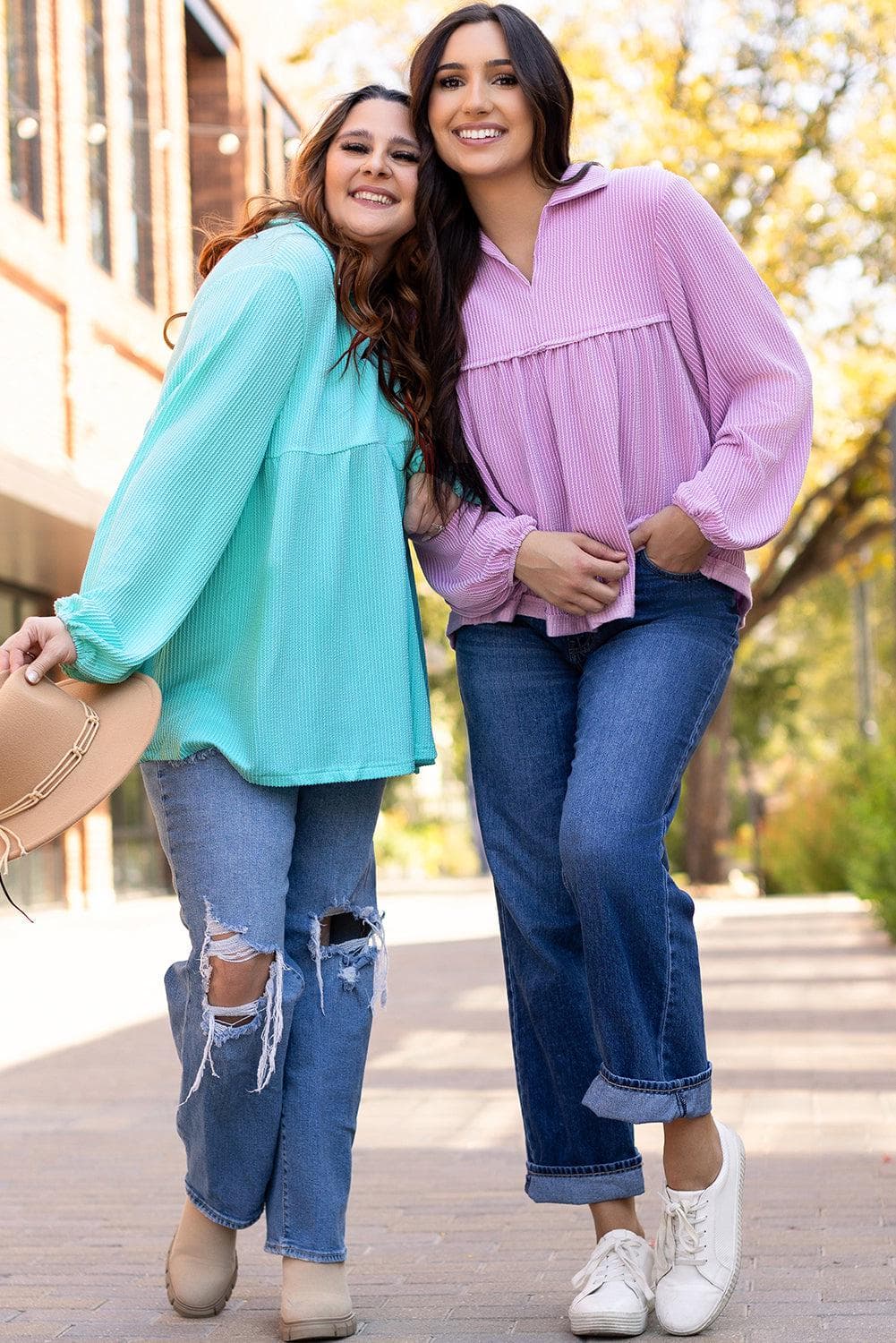 Plus Size/Plus Size Tops/Plus Size Long Sleeve Tops Turquoise Cordrd Balloon Sleeve Collar Plus Babydoll Top