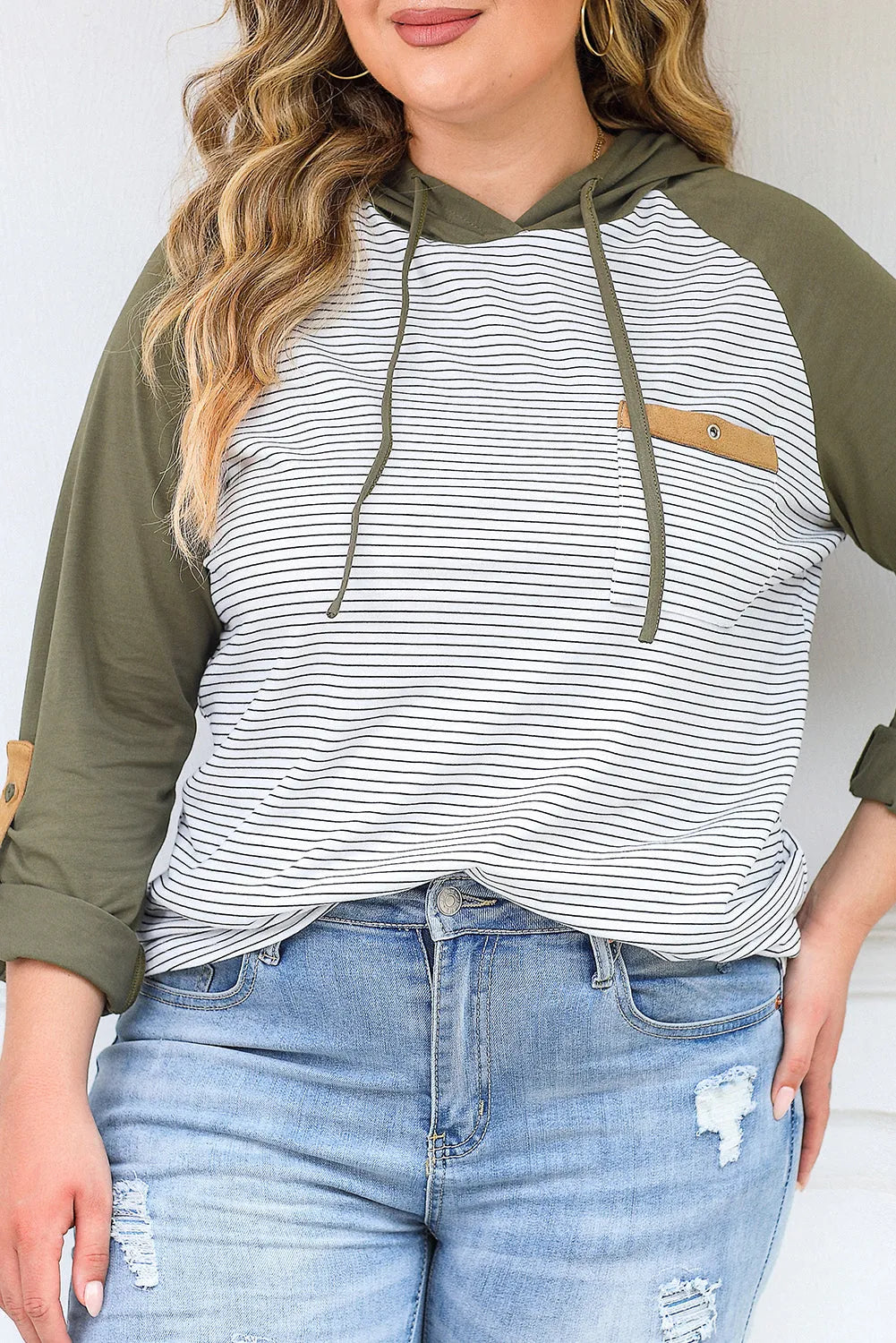 Green Striped Raglan Sleeve Buttoned Pocket Plus Size Hoodie - Chic Meadow Boutique 