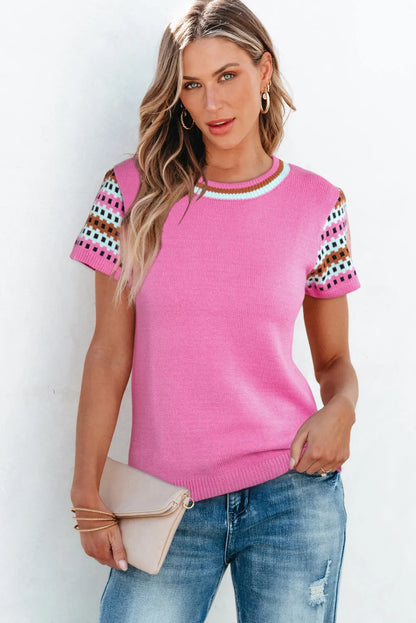 Bright Pink Contrast Printed Cap Sleeves Crewneck Sweater - Chic Meadow Boutique 