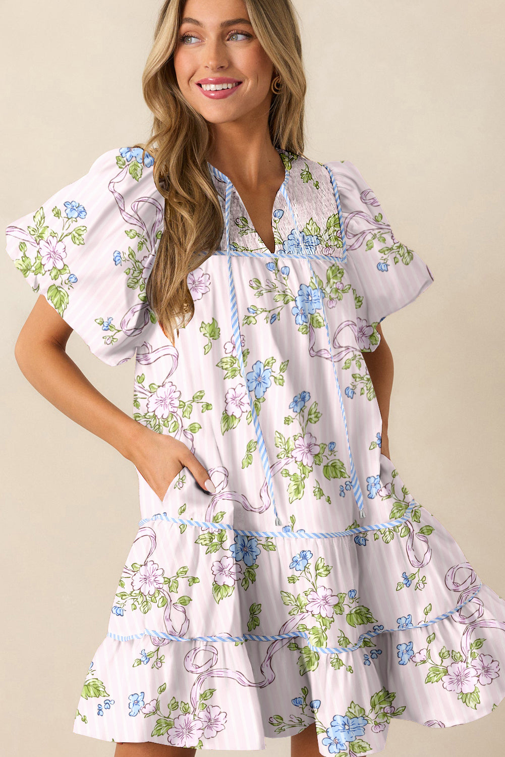 Pink Floral Striped Print Contrast Trim Tie Split Neck Mini Dress