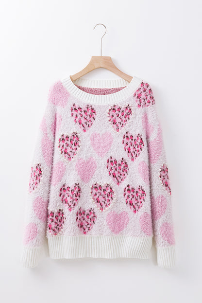 Pink Heart Leopard Print Pearled Ribbed Trim Fuzzy Sweater