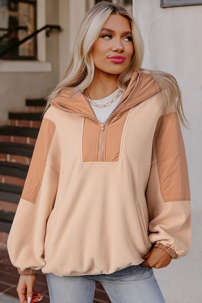 Light French Beige Colorblock Patchwork Half Zip Oversized Sherpa Hoodie - Chic Meadow Boutique 