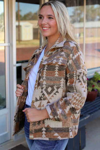 Brown Aztec Print Flap Pocket Button-up Jacket - Chic Meadow Boutique 