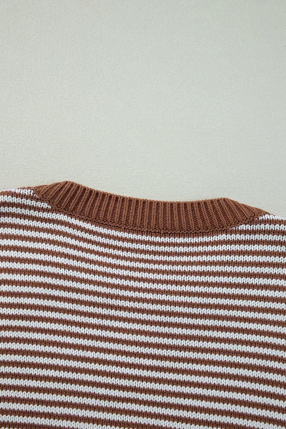 Sweaters & Cardigans/Sweaters Brown Stripe Geometric Textured Drop Shoulder Sweater