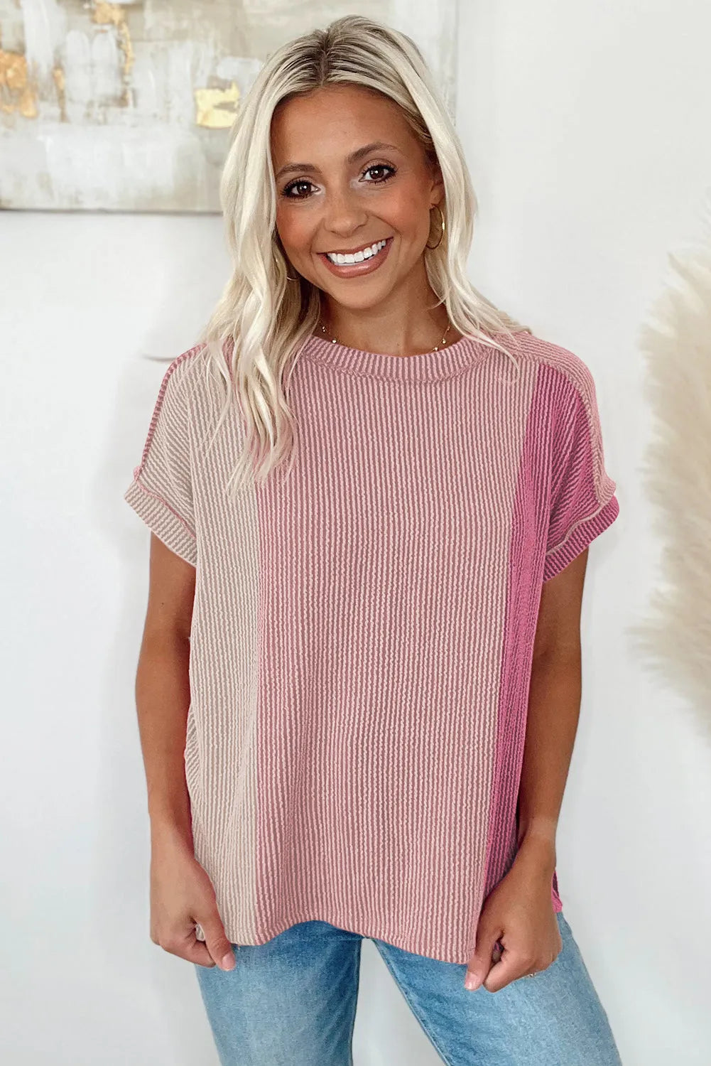 Pink Textured Colorblock Crew Neck T Shirt - Chic Meadow Boutique 