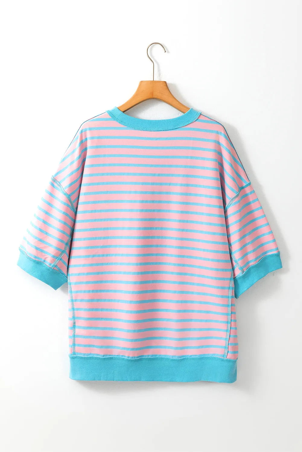 Pink Stripe Oversized Contrast Trim Exposed Seam High Low T Shirt - Chic Meadow Boutique 