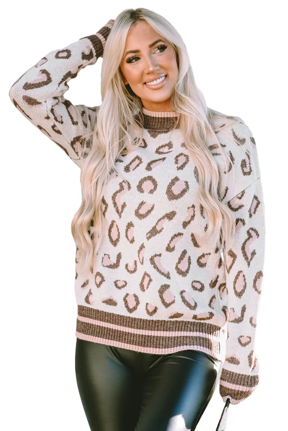 Brown Two-tone Ribbed Trim Contrast Leopard Sweater - Chic Meadow Boutique 