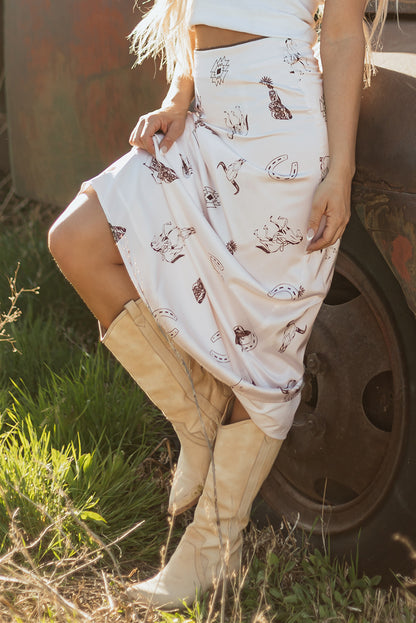 Beige Western Print Satin Long Skirt