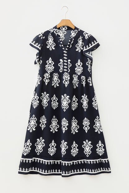 Blue Western Ethnic Print Notched Neck Short Sleeve Midi Dress