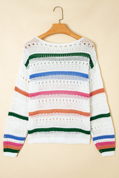 White Color Block Striped Pointelle Knit Sweater