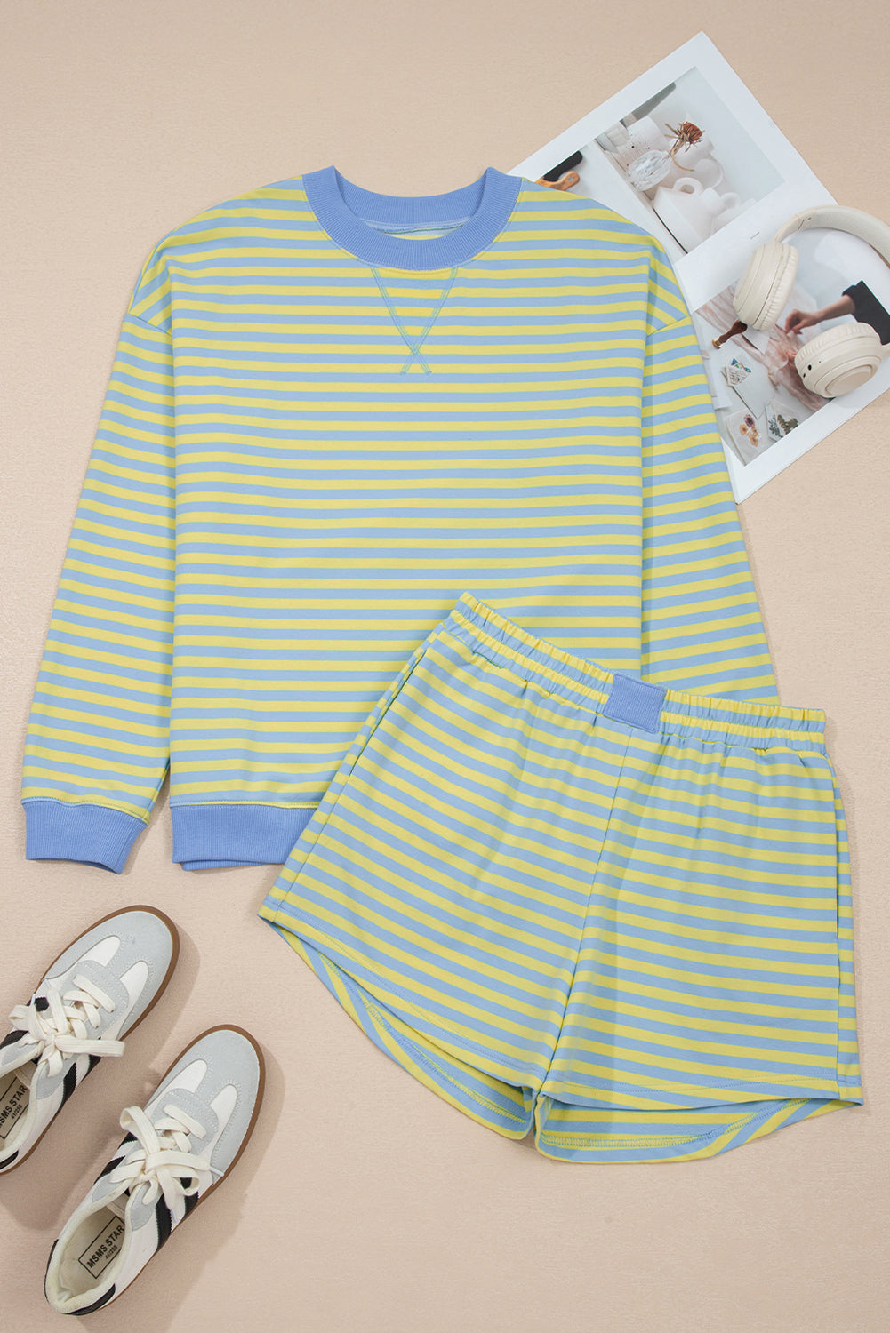 Yellow Stripe Color Block Detail Long Sleeve Pullover Elastic Waist Pull On Shorts 2pcs Set