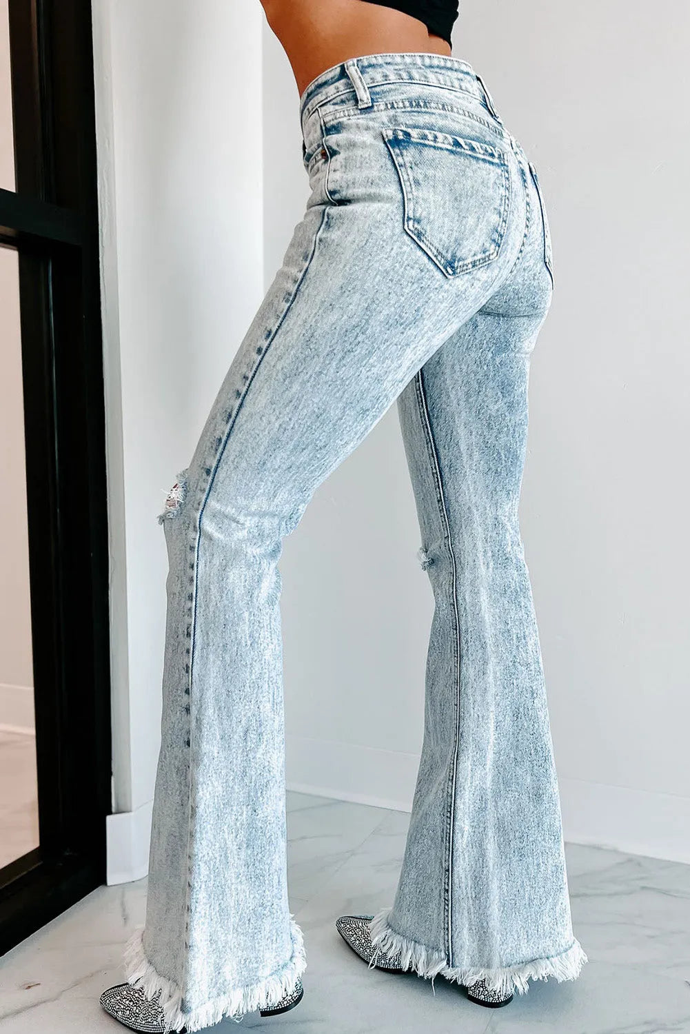 Sky Blue Distressed Acid Wash Flare Jeans - Chic Meadow Boutique 