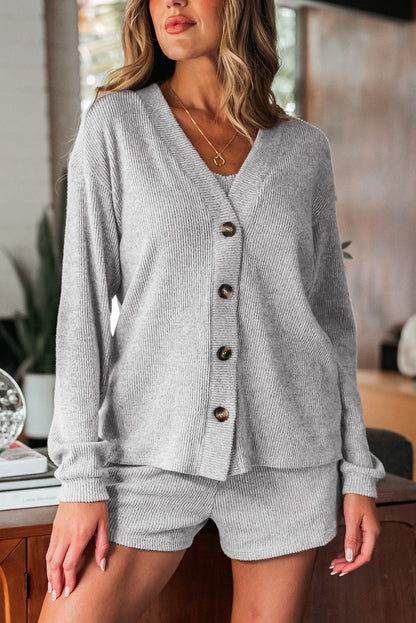 Light Grey 3 Pieces Rib Crop Camisole Matching Shorts Lounge Set with Cardigan