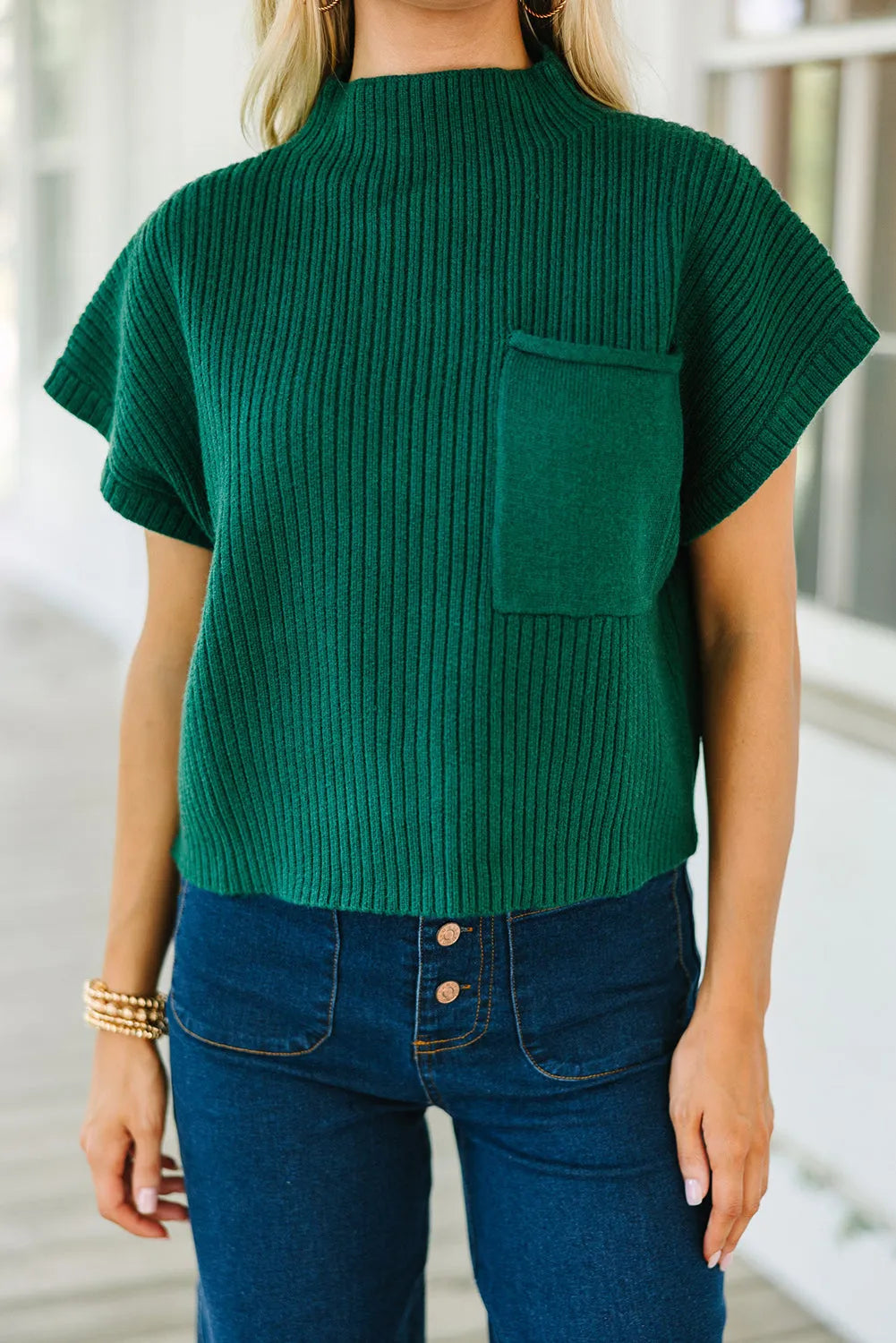 Blackish Green Patch Pocket Ribbed Knit Short Sleeve Sweater - Chic Meadow Boutique 