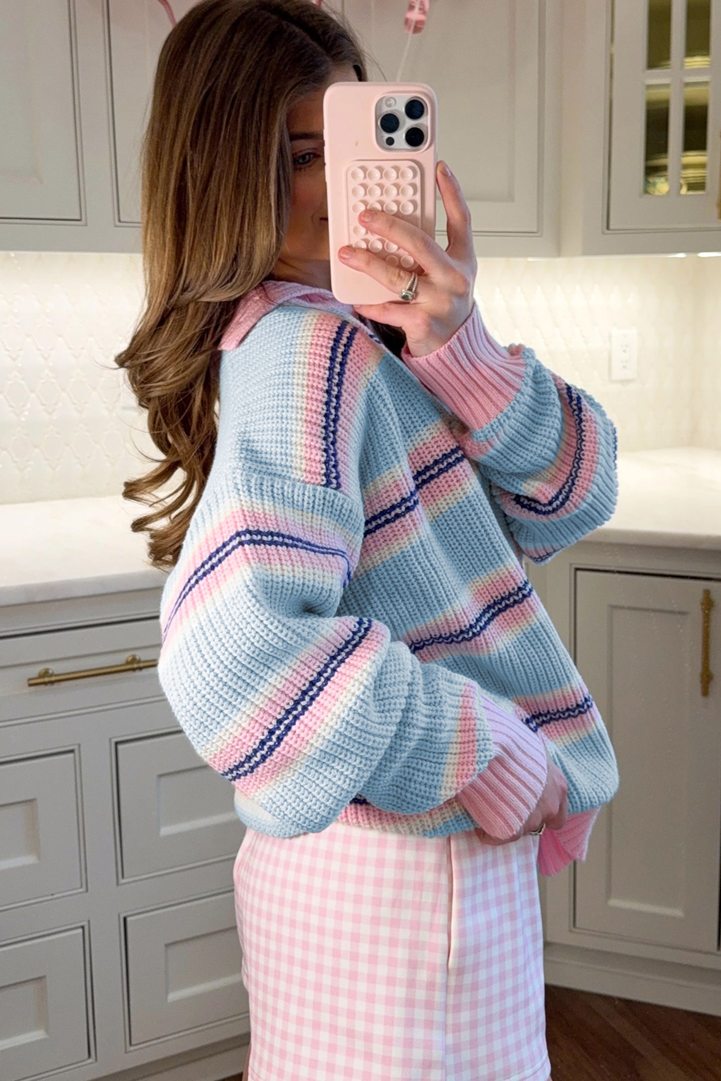 Sky Blue Stripe Striped Button Collar Long Sleeve Shift Fit Winter Knitwear Sweater
