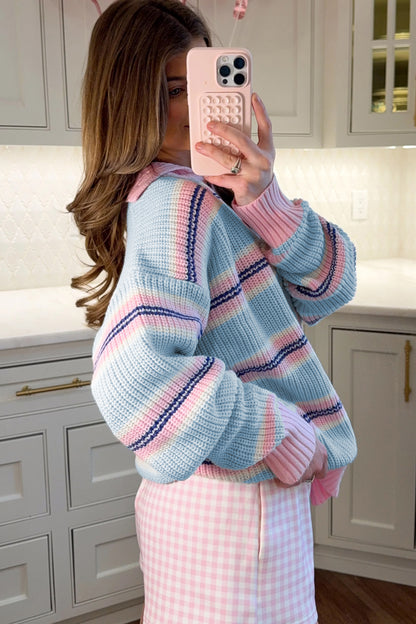 Sky Blue Stripe Striped Button Collar Long Sleeve Shift Fit Winter Knitwear Sweater