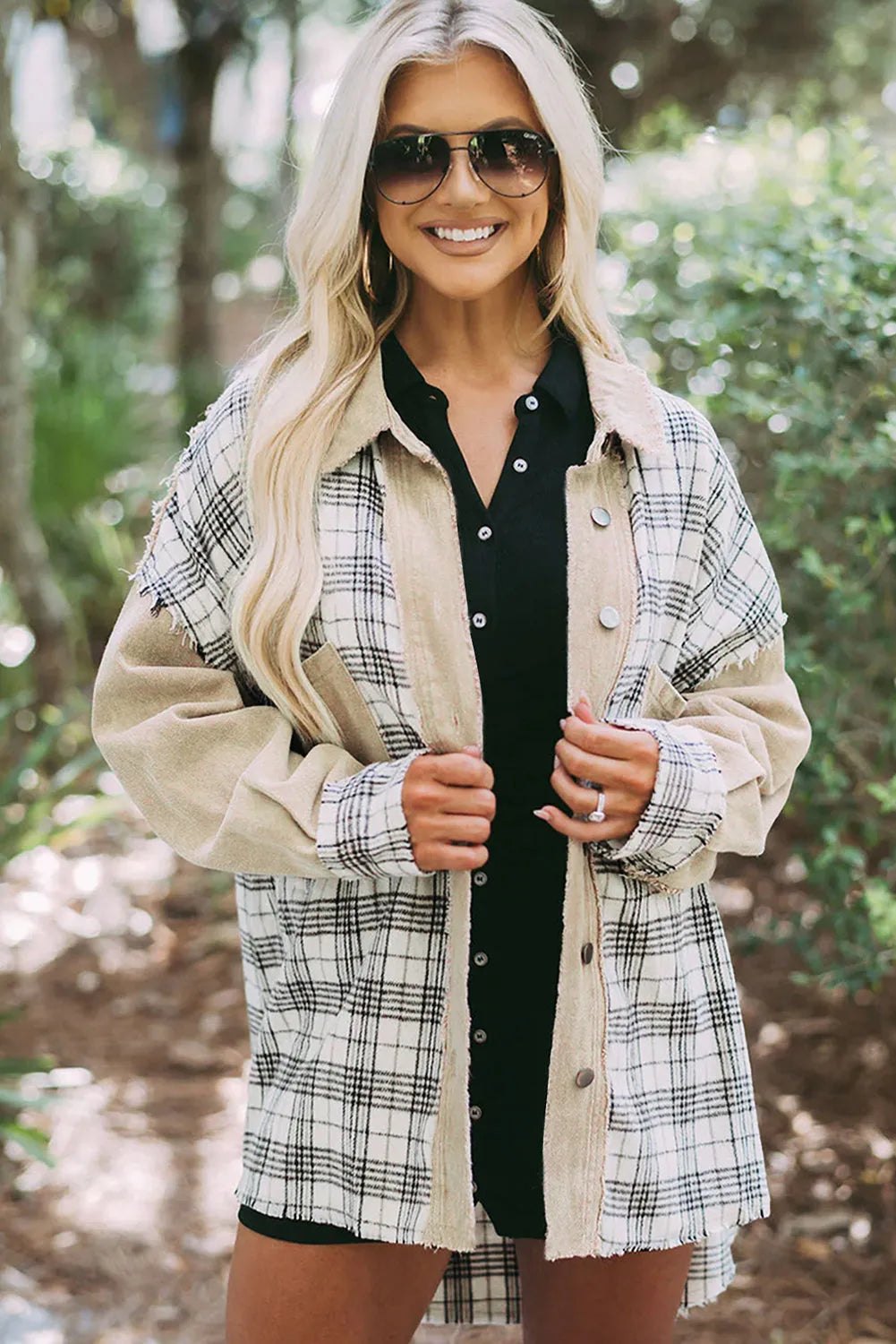 Khaki Distressed Raw Edge Plaid Patchwork Denim Jacket - Chic Meadow Boutique 