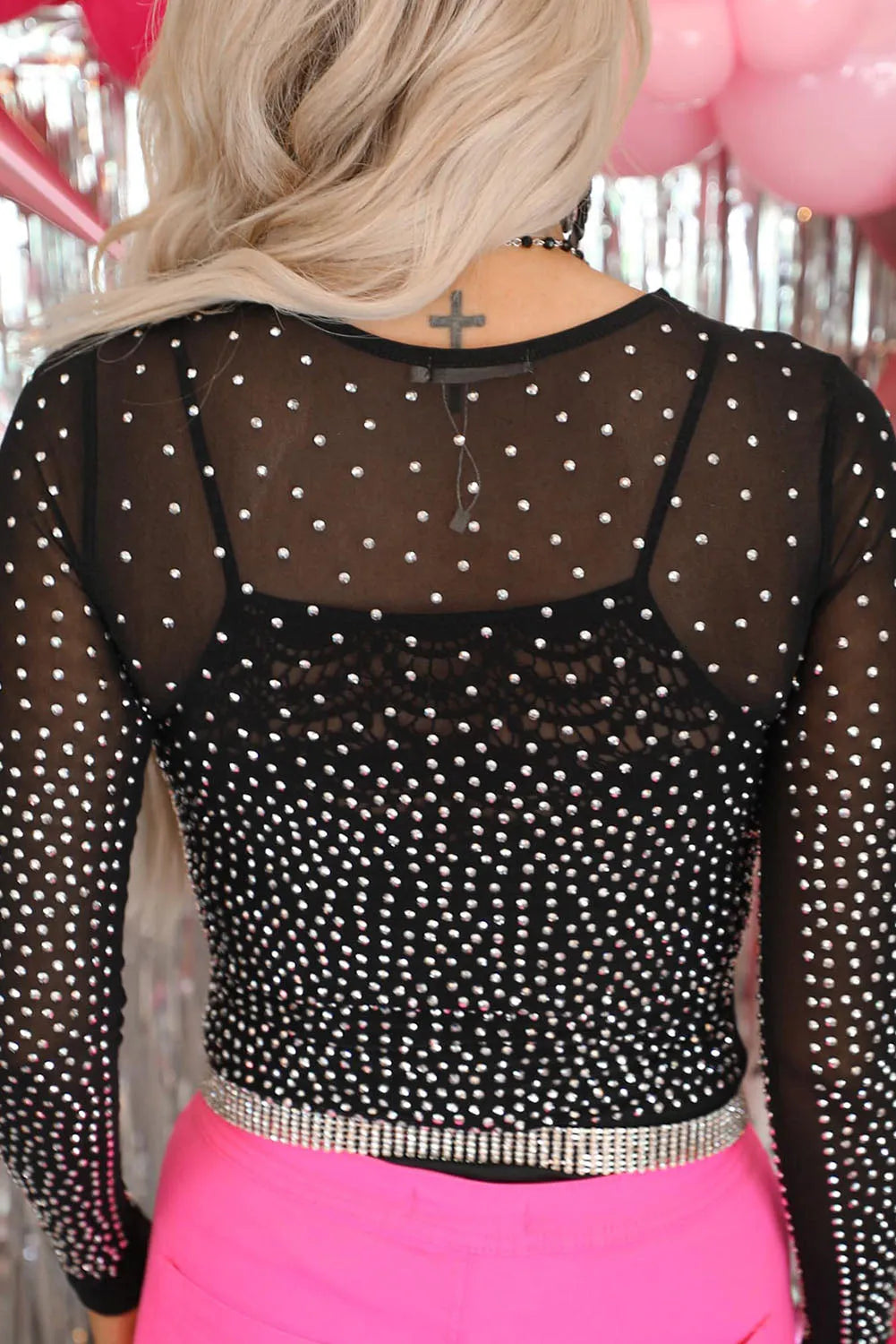 Black Rhinestone Embellished Mesh Long Sleeve Bodysuit - Chic Meadow Boutique 