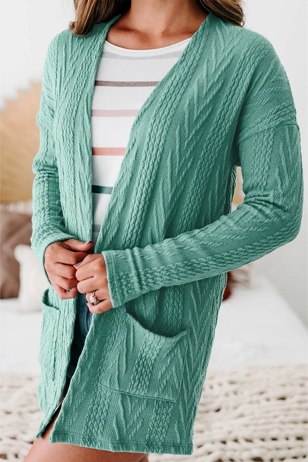 Canton Solid Textured Open Front Cardigan with Pocket - Chic Meadow Boutique 