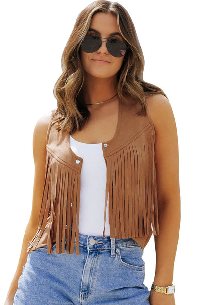 Camel Fringed Snap Button Front Suedette Vest - Chic Meadow Boutique 