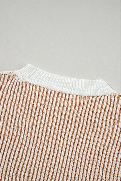 Chestnut Striped Textured Knit Contrast Edge Loose Sweater - Chic Meadow Boutique 