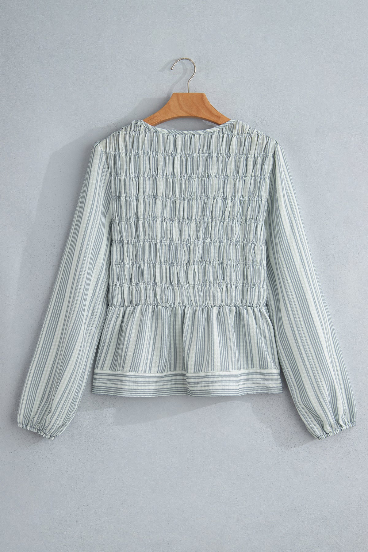 Blue Stripe V Neck Shirred Long Sleeve Blouse