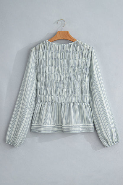 Blue Stripe V Neck Shirred Long Sleeve Blouse