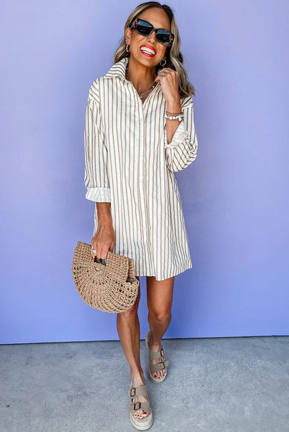 Khaki Stripe Long Sleeve Button Up Mini Shirt Dress - Chic Meadow Boutique 