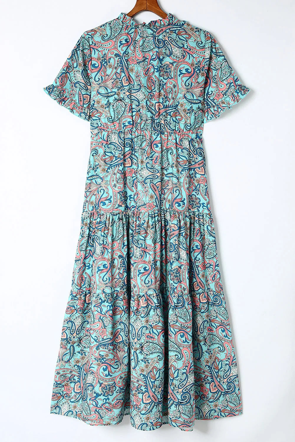 Sky Blue Paisley Print Boho Holiday Ruffle Tiered Maxi Dress - Chic Meadow Boutique 