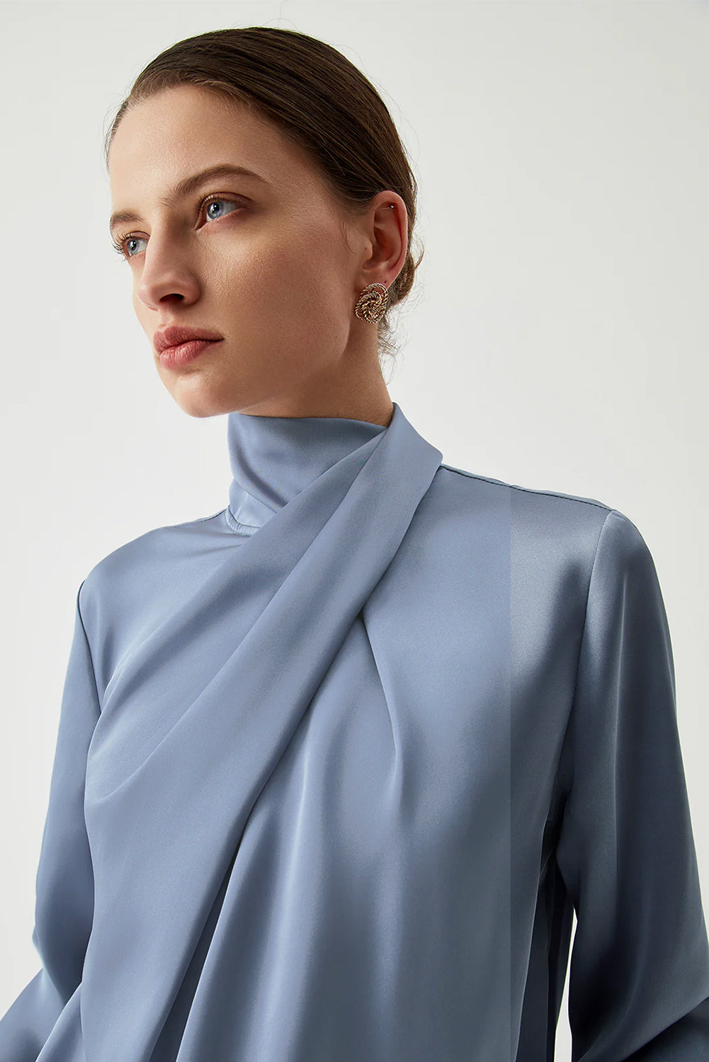 Ivy Asymmetric Pleated Turtleneck Bell Sleeve Blouse