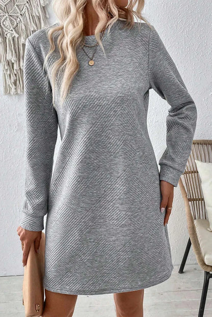 Gray Solid Color Textured Long Sleeve Shift Dress - Chic Meadow Boutique 